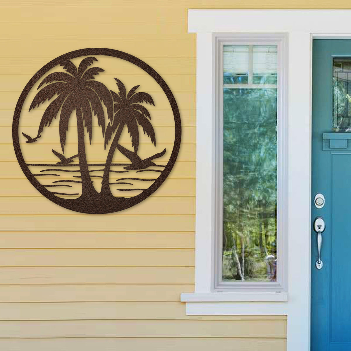 Wood Gate Palm Tree with starfish Window Steel Insert, Palm Tree Door, Island Beach online Gate