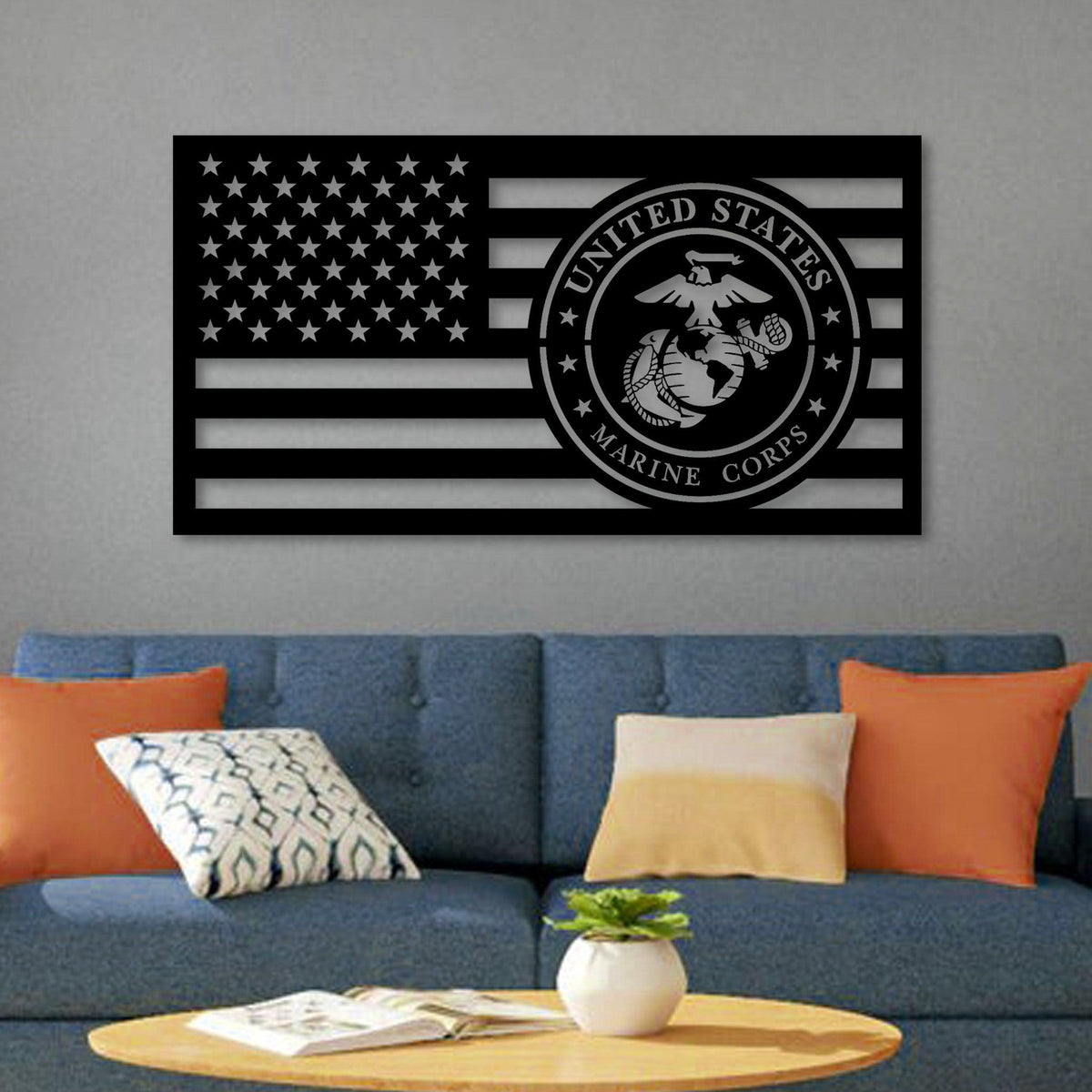 Marine Corps Seal America Flag Metal Wall Art US Military Decor