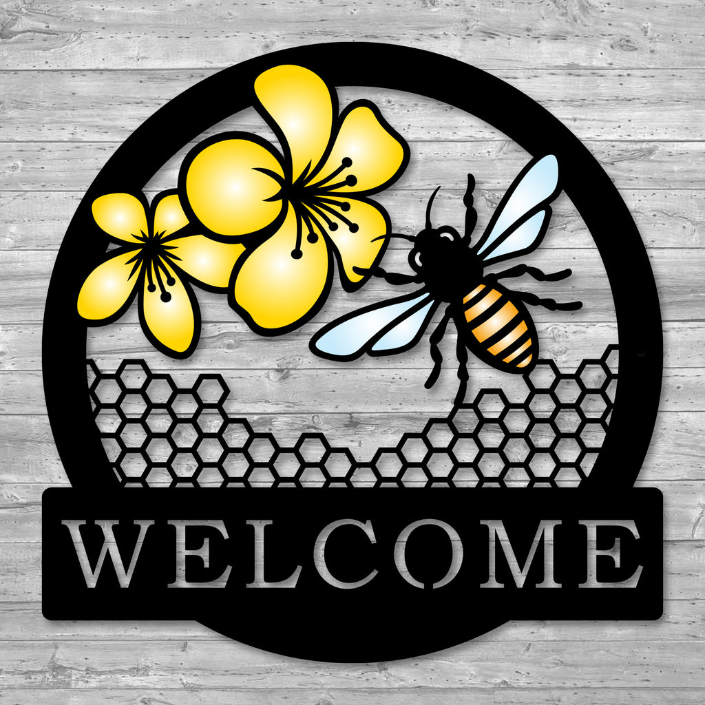 Bee Welcome Sign - Colorized Metal Art