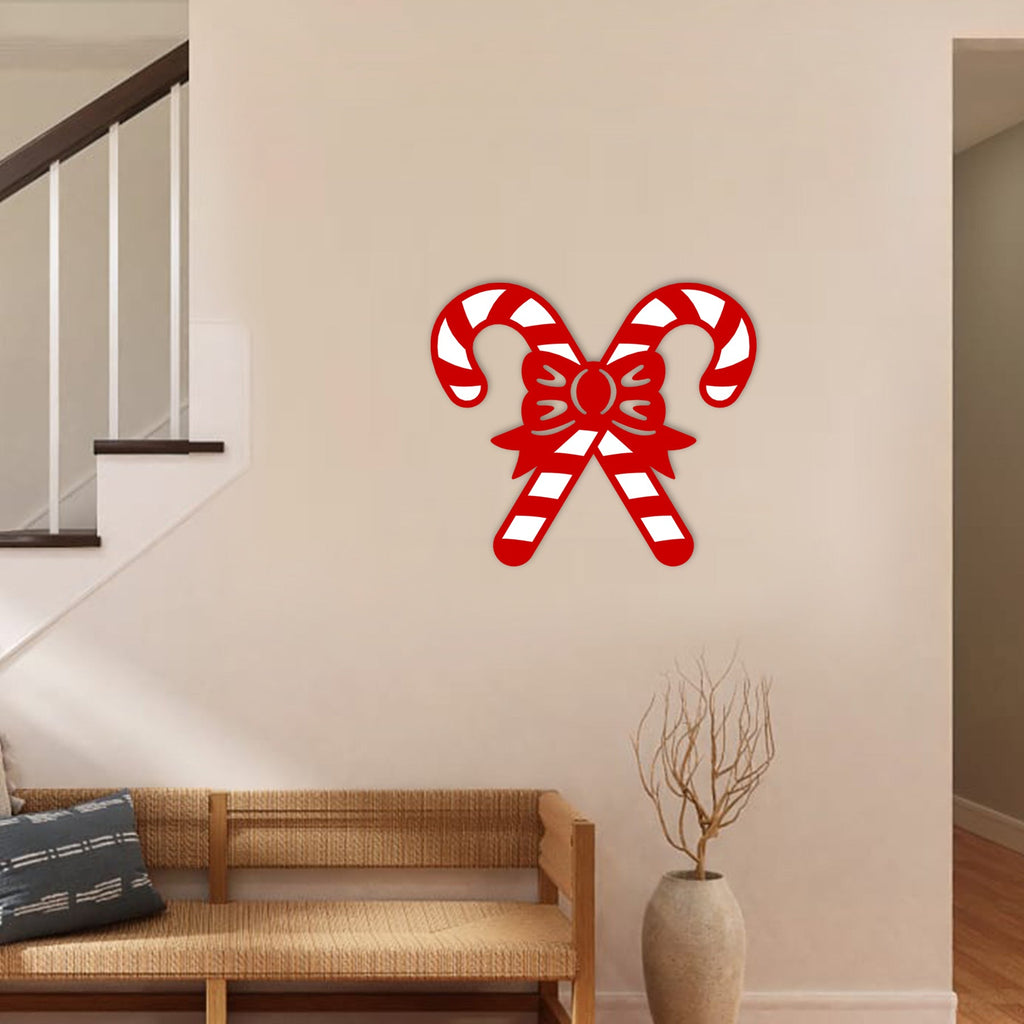 Color Splashed Candy Canes and Bow Metal Wall Decor