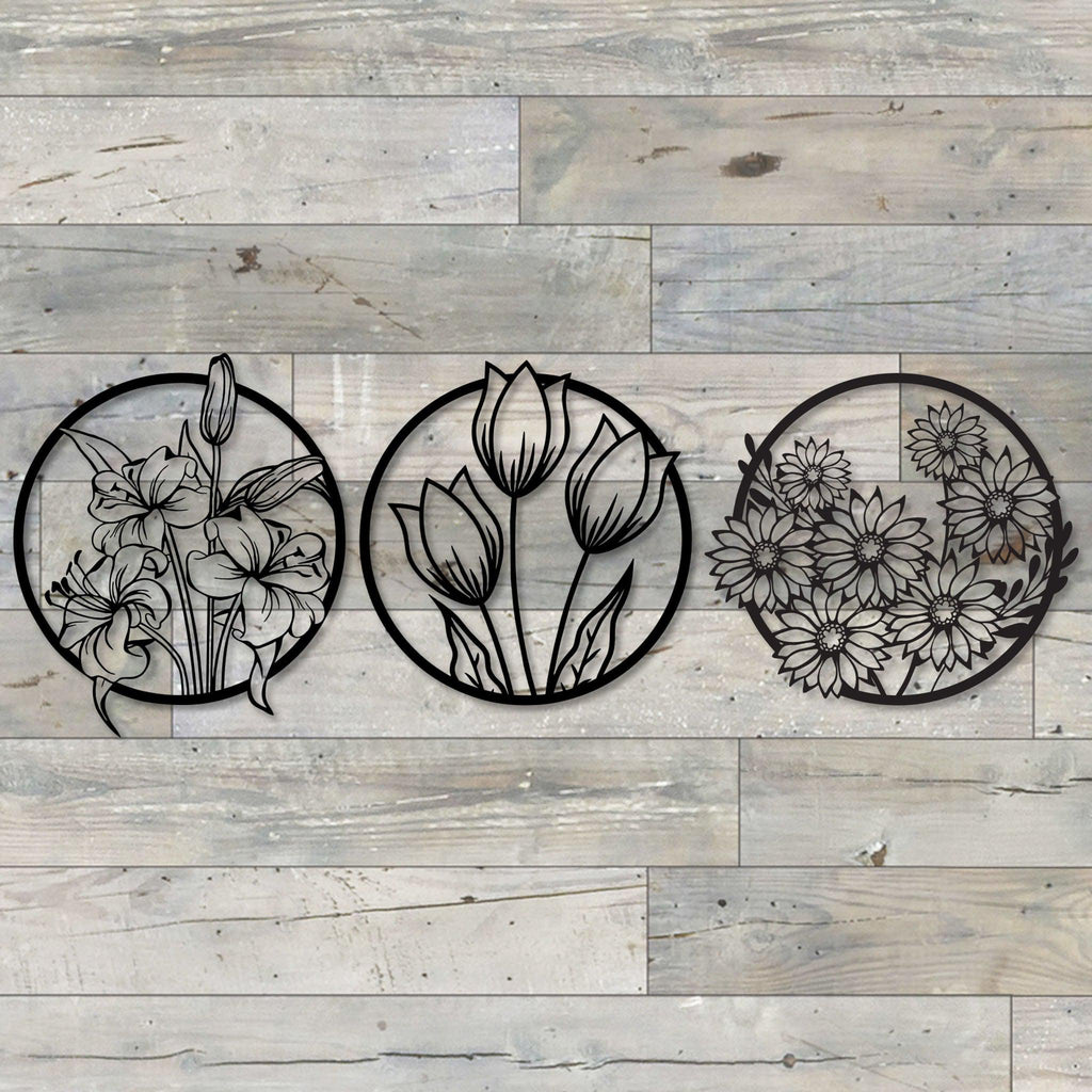 Three Flowers Metal Wall Art Set